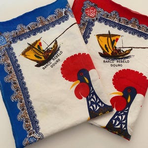 Vintage Portuguese Good Luck Rooster dish towel lot of two red and blue