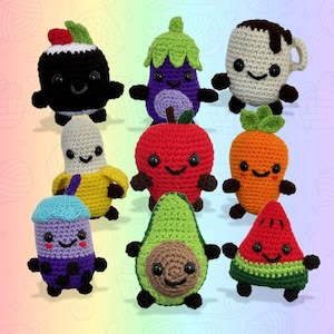 Handmade Crochet Food Plushie: Amigurumi Boba, Banana, Carrot, Coffee, Eggplant, Watermelon, Avocado, Sushi, Apple