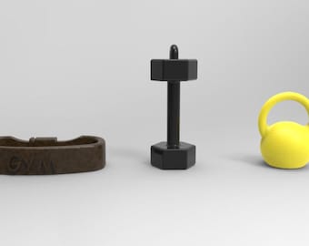 STL files for a 3D fitness keychain with dumbbells, a belt, and a kettlebell / STL files for 3D printers about a gym