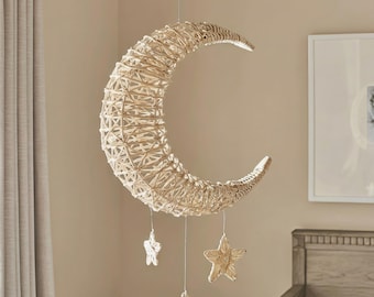 Rattan Heißluftballon, Licht Mond Wanddekoration, gewebtes Kinderzimmer Mobile, Boho Nachtlicht, himmlische Kunst, Baby-Dusche-Geschenk, Kinderzimmer