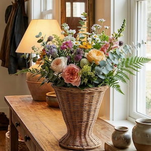 May include: A vibrant floral arrangement in a woven wicker vase. The bouquet features a variety of flowers in shades of pink, orange, yellow, purple, and white, with green foliage. The vase is placed on a wooden table near a window.