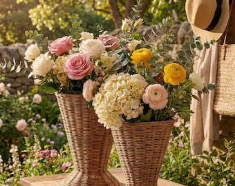 Handwoven Rattan Pedestal Vase | Boho Dried Flower Holder | Farmhouse Table Centerpiece | Sculptural Wicker Basket | Rustic Home Decor