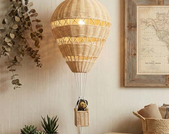 Globo aerostático de ratán, decoración de pared con luna iluminada, móvil de bebé tejido, luz de noche bohemia, arte celestial, regalo para baby shower, habitación infantil