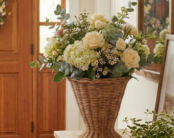 Handwoven Rattan Pedestal Vase | Boho Dried Flower Holder | Farmhouse Table Centerpiece | Sculptural Wicker Basket | Rustic Home Decor