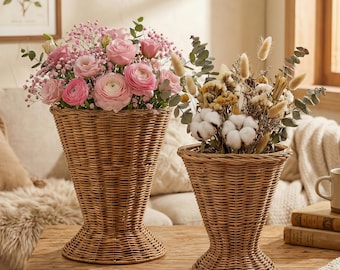 Handgewebte Rattan-Vase | Boho Trockenblumenhalter | Bauernhaus Tischdekoration | Skulpturaler Weidenkorb | Rustikale Wohnkultur