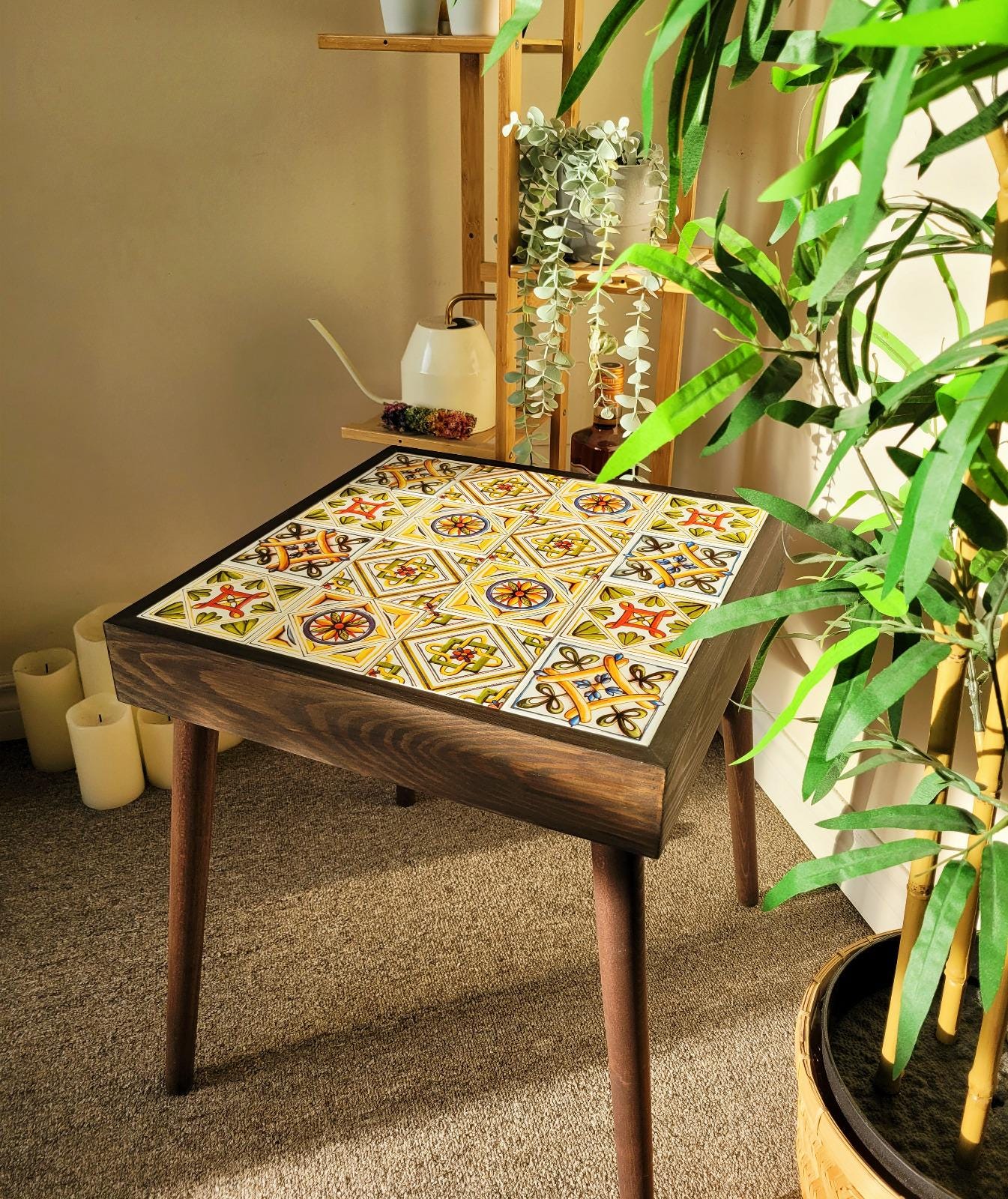 Handmade Mosaic Tile Coffee Table, Pine Wood Ceramic Accent Table
