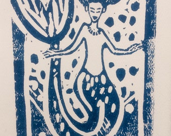 Blue Mermaid, blank notecard with envelopes, handmade linocut