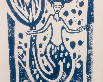 Blue Mermaid, blank notecard with envelopes, handmade linocut