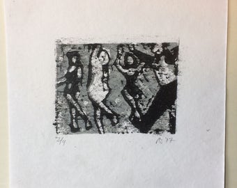 Dancers--two color linocut print