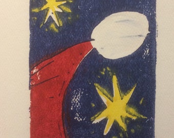 Christmas card--Santa and Stars on white paper--handmade, 3-color linocut notecard, with envelope