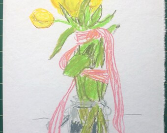 Yellow tulips with pink ribbon