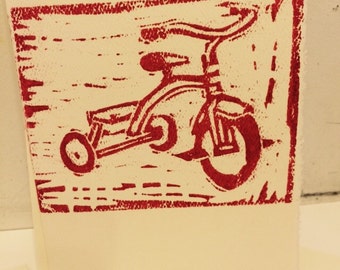 Handmade linocut notecard--Tricycle, with envelope