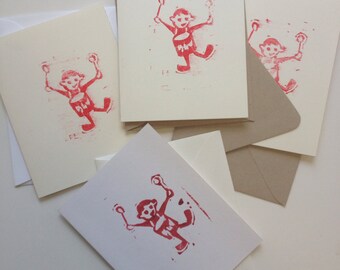 Notecards, "Drummer," with envelope, linocut print on card stock.