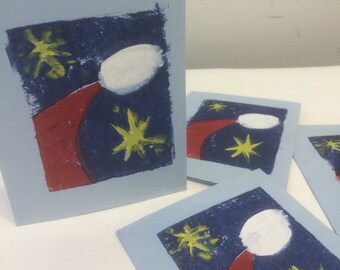 Christmas card--Santa and Stars on blue card stock--