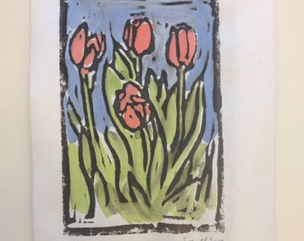 Linocut print, "Tulips"