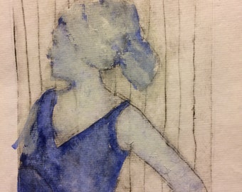 Gouache on drypoint print, woman with hair in towel