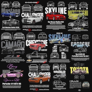 Puede incluir: Un gráfico negro con varios modelos de coches, incluyendo un Ford Mustang azul, un Nissan Skyline R34 rojo y un Porsche 911GT3 RS rosa. El texto incluye "Mustang", "Challenger", "Camaro" y "Wrangler".