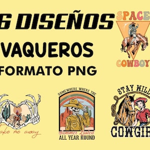Puede incluir: Una colección de 16 diseños con temática de vaqueros en formato PNG. Los diseños incluyen un vaquero espacial, una vaquera con un caballo y otras ilustraciones con texto como "Take me away" y "Summer Lasted All Year Round."