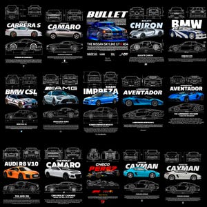 Puede incluir: Un póster negro con varios modelos de coches, incluyendo Porsche, Chevrolet y BMW, con sus nombres y dibujos técnicos. El póster también incluye el texto "BULLET" y "THE NISSAN SKYLINE GT-R R34".