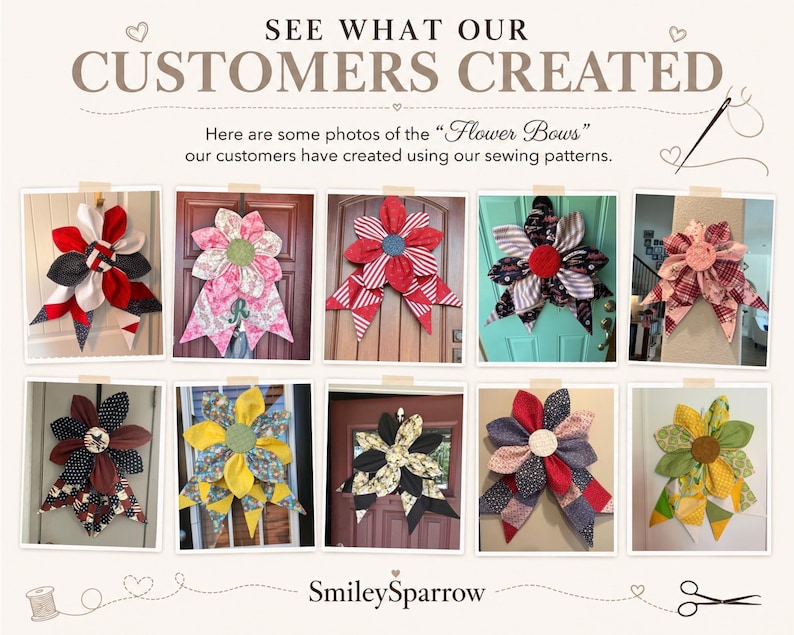 Puede incluir: Un collage de diez lazos de tela en forma de flor en varios colores y patrones, incluyendo rojo, amarillo, azul y estampados florales. El texto dice: SEE WHAT OUR CUSTOMERS CREATED. Here are some photos of the Flower Bows our customers have created using our sewing patterns. SmileySparrow.