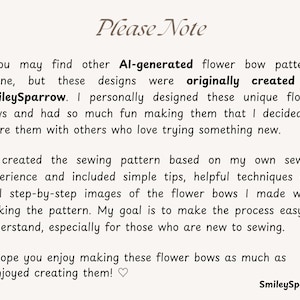Puede incluir: Un documento informativo blanco con texto negro titulado Please Note. Explica que estos patrones de costura de lazos de flores fueron creados por SmileySparrow, incluyendo im&aacute;genes paso a paso y consejos para principiantes en la costura.