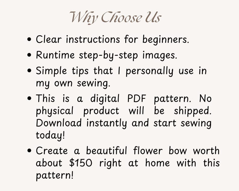 Puede incluir: Un documento de patr&oacute;n de costura PDF digital titulado Why Choose Us. El texto enumera caracter&iacute;sticas que incluyen instrucciones claras para principiantes, im&aacute;genes paso a paso, consejos de costura personales e instrucciones para descargar.