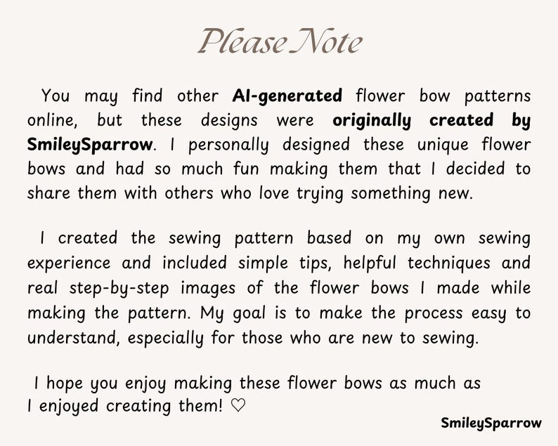 Puede incluir: Un documento informativo blanco con texto negro titulado Please Note. Explica que estos patrones de costura de lazos de flores fueron creados por SmileySparrow, incluyendo im&aacute;genes paso a paso y consejos para principiantes en la costura.