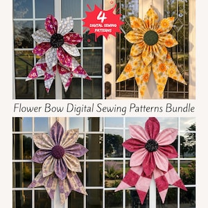 May include: A digital sewing pattern bundle featuring four fabric flower bows. Each bow has pointed petals and a central circular button. The designs include pink and white patterns, yellow sunflowers, purple floral prints, and pink checkered fabrics.