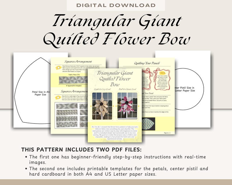DIY Big Quilted Fabric Flower Bow Pattern, Large Patchwork Bow Sewing PDF, Front door Handmade Giant Fabric Bow Pattern Decoration image 5