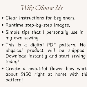 Puede incluir: Un documento de patr&oacute;n de costura PDF digital titulado Why Choose Us. El texto enumera caracter&iacute;sticas que incluyen instrucciones claras para principiantes, im&aacute;genes paso a paso, consejos de costura personales e instrucciones para descargar.