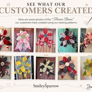 Puede incluir: Un collage de diez lazos de tela en forma de flor en varios colores y patrones, incluyendo rojo, amarillo, azul y estampados florales. El texto dice: SEE WHAT OUR CUSTOMERS CREATED. Here are some photos of the Flower Bows our customers have created using our sewing patterns. SmileySparrow.