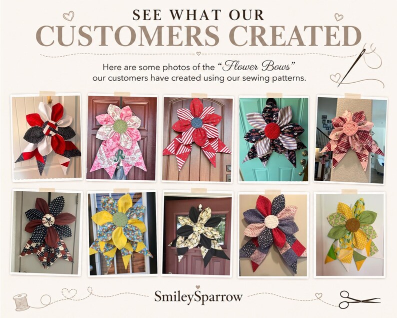 Puede incluir: Un collage de diez lazos de tela en forma de flor en varios colores y patrones, incluyendo rojo, amarillo, azul y estampados florales. El texto dice: SEE WHAT OUR CUSTOMERS CREATED. Here are some photos of the Flower Bows our customers have created using our sewing patterns. SmileySparrow.