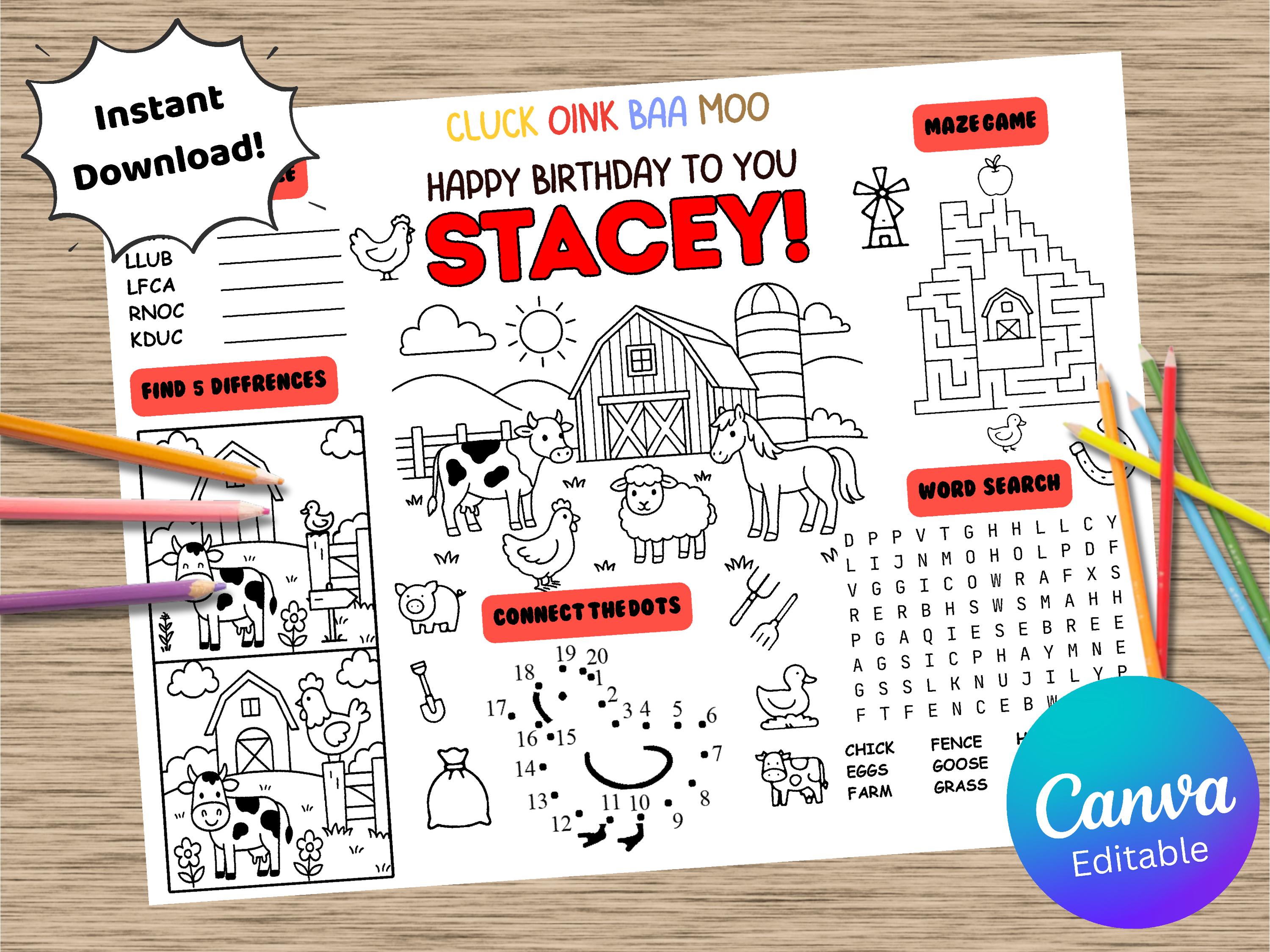 Editable Farm Animal Printable Placemat for Kids, Personalized Barnyard ...