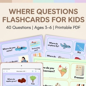May include: Educational flashcards for kids with the text "WHERE QUESTIONS FLASHCARDS FOR KIDS". The cards feature questions like "Where do you swim?" and "Where do apples grow?" with corresponding illustrations. Includes "Printable PDF" and "Instant Download" options.