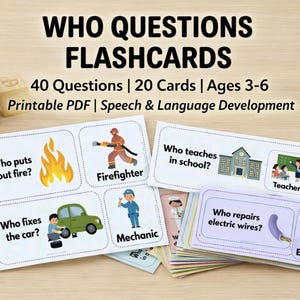 WHO Questions Flashcards for Kids | Speech Therapy, ESL Learning (Digital Download)