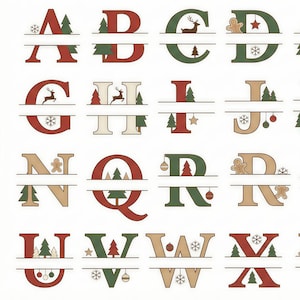 May include: A collection of Christmas-themed alphabet letters, each split horizontally. The letters are in red, green, and tan, decorated with festive elements like Christmas trees, snowflakes, and ornaments. The letters are displayed on a white background.