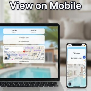 Może przedstawiać: Laptop i smartfon wyświetlające interfejs zarządzania nieruchomościami. Ekran laptopa pokazuje godziny zameldowania/wymeldowania, kod do drzwi i mapę Times Square. Telefon wyświetla ekran powitalny ze zdjęciem domu.