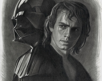 May include: A pencil sketch portrait of Anakin Skywalker with Darth Vader's helmet and shoulder visible behind him. The artwork is in black and white, with detailed shading and a signature in the bottom right corner. The subject has long hair and a serious expression.