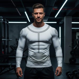 May include: White long-sleeve compression shirt with gray accents. The shirt features a design resembling a spacesuit, with gray lines outlining panels and details. The shirt is form-fitting and designed for athletic activities.