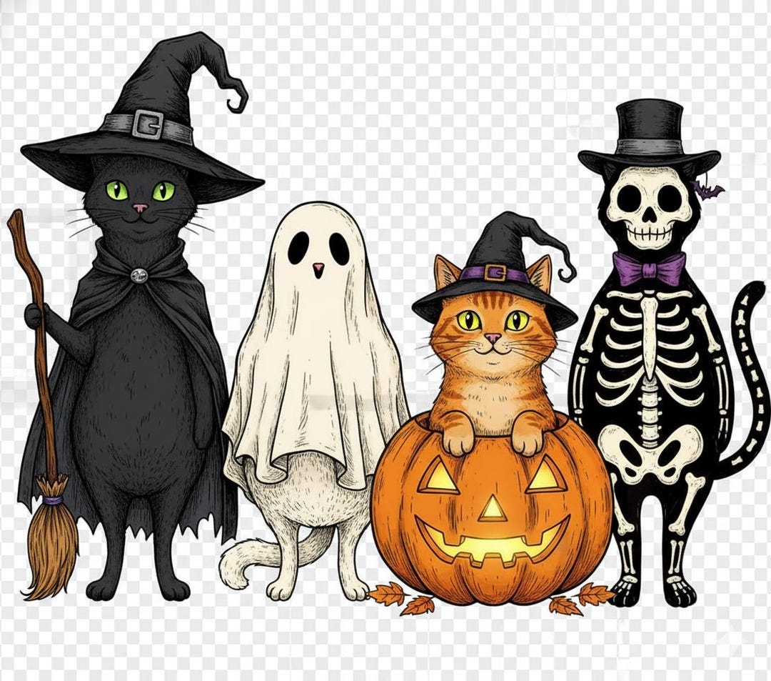 Vintage Halloween Black Cat PNG | Witch Hat Cat & Pumpkin Clipart ...