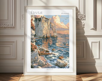 Étretat France Travel Poster, Normandy Coast Wall Art, Étretat Cliffs Landscape Print, French Seaside Decor, Coastal Travel Gift