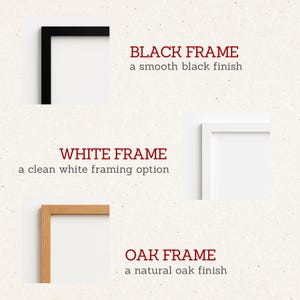 three different types of frames: a black frame, a white frame, and an oak frame. Each frame has a distinct finish, with the black frame having a smooth black finish, the white frame being clean and white, and the oak frame having a natural oak finish.