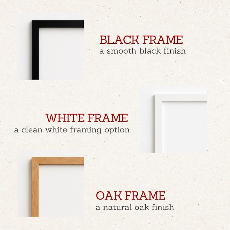 three different types of frames: a black frame, a white frame, and an oak frame. Each frame has a distinct finish, with the black frame having a smooth black finish, the white frame being clean and white, and the oak frame having a natural oak finish.
