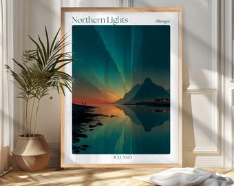 Iceland Travel Poster Print: Northern Light Travel Wall Art, Wanderlust Home and Office Decor, Gift For Travelers