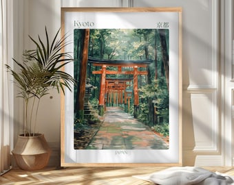 May include: Framed art print featuring a watercolor painting of a path leading to a series of vibrant orange torii gates in a Japanese forest. The word "Kyoto" is at the top, with "Japan" at the bottom.