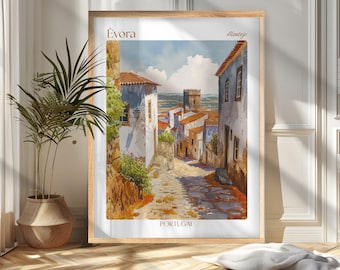 Evora Travel Poster Print: Vintage European Wall Art, Portugal Illustration, Gift for Travelers, Wanderlust Home and Office Decor