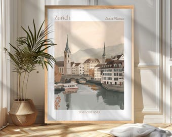Zurich Travel Poster Print, Switzerland Wall Art, Switzerland Travel Poster, Vintage Zurich Illustration, Gift for Travelers