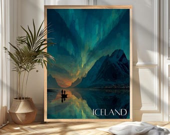 Iceland Travel Poster Print: Northen Lights Wall Art, Wanderlust Home and Office Decor, Gift For Travelers