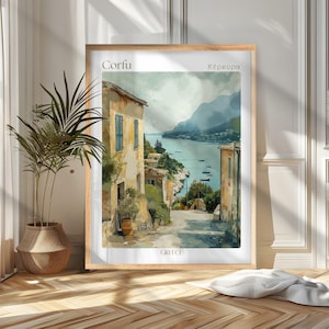May include: A framed watercolour print of Corfu, Greece, depicting a coastal street scene with buildings, a road, and boats on the water. The print has a wooden frame and includes the text "Corfu" and "Greece".