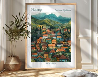 Plakat z podróży do Malang, sztuka ścienna do Indonezji, plakat z podróży do Indonezji, ilustracja z Malang w stylu vintage, prezent dla podróżników